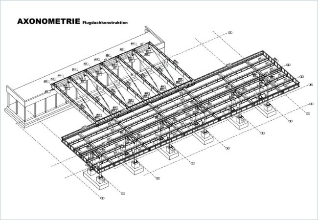 Leistungen 8 referenzen lipp stahlbau werksinterne planung axanometrie flugdachkonstruktion